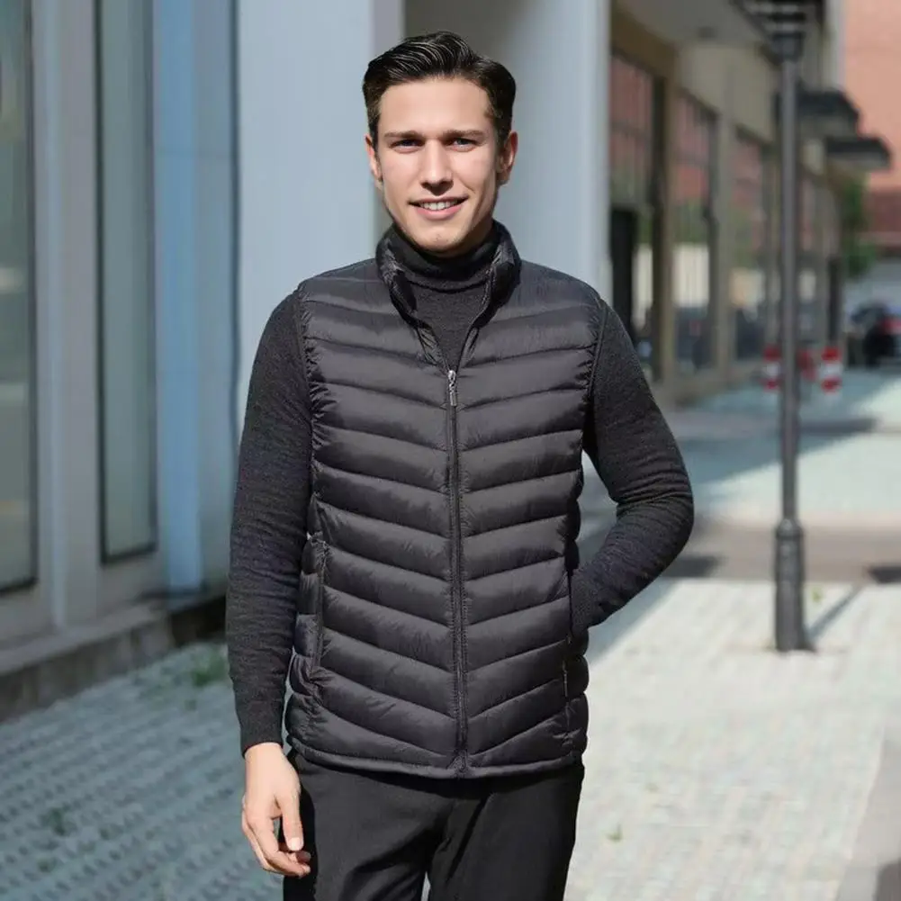 

Men Waistcoat Vest Stand Collar Sleeveless Zipper Closure Windproof Vest with Pockets Solid Color Ladies Winter Thermal Jacket