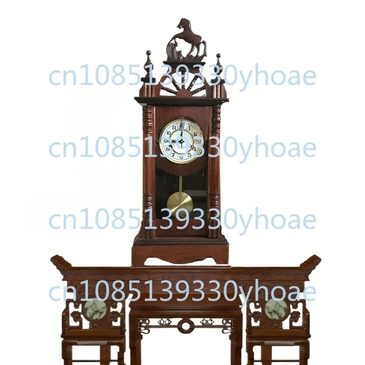 Pure copper movement horse head mechanical clock solid wood living room winding swing clock feng shui town house antique clock