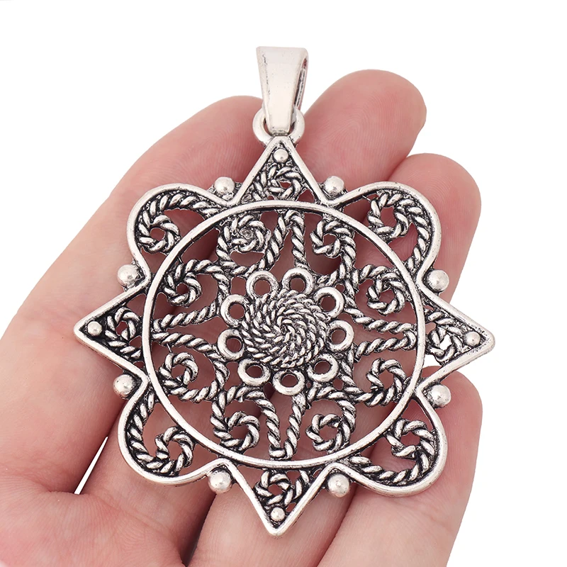 

2 x Tibetan Silver Large Hollow Filigree Flower Charms Pendants for DIY Necklace Jewelry Making Accessories 77x60mm