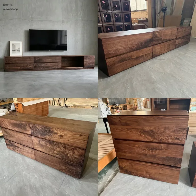 For North American Black Walnut TV Cabinet Coffee Table Combo Wabi Sabi Floor to Ceiling Wall Mounted Storage Gold Ruby