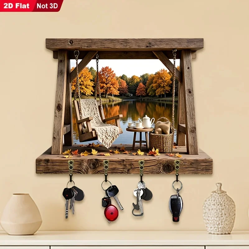 2D Flat, 1pc, Autumn Lakeside Theme Style Key Hook, Wooden Multifunctional Home Key Rack, with Four Metal Hooks, Wall Decor,