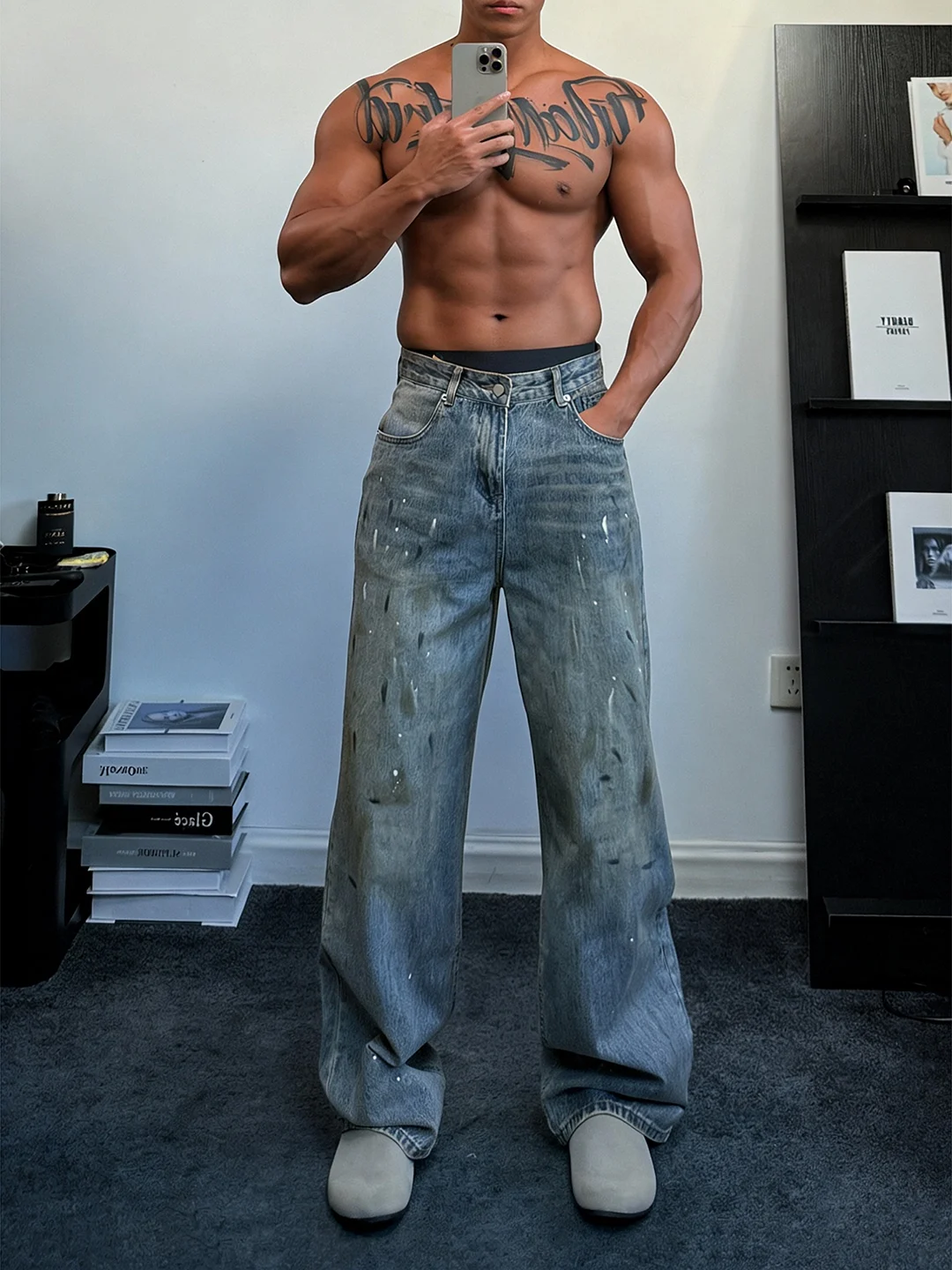 

Retro Blue Splaed Knife Men's Denim Jeans Winter American Hard Man Sle Wide Leg Casual Flared Straight Leg Pants