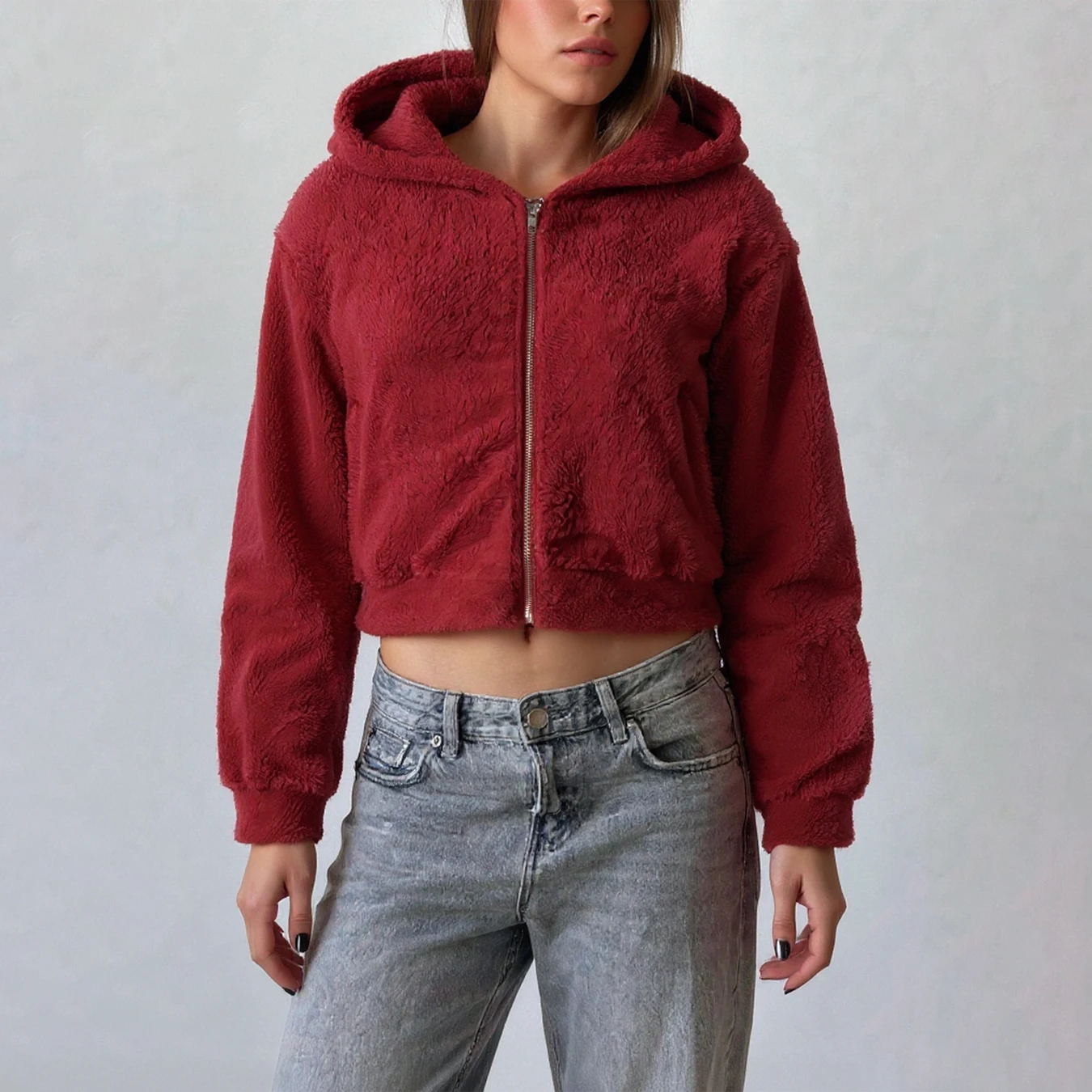 

New Christmas collection Women's autumn and winter elegant style red plush hooded short coat with zipper design, warm