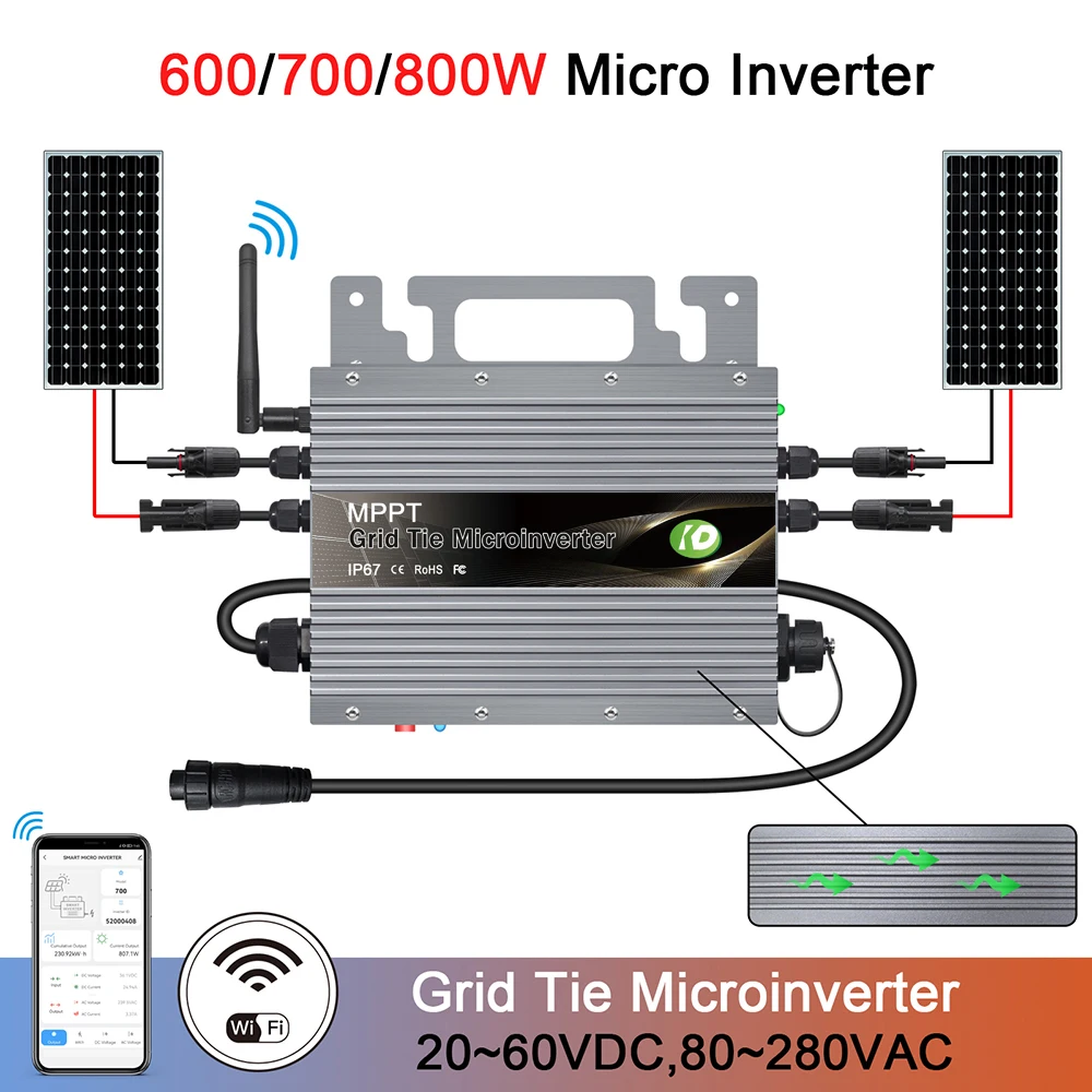 600W 700W 800W 80-265VAC MPPT Solar Micro Inverter, built-in WiFi Connection, 20-60VDC, Used for Solar Power Generation System