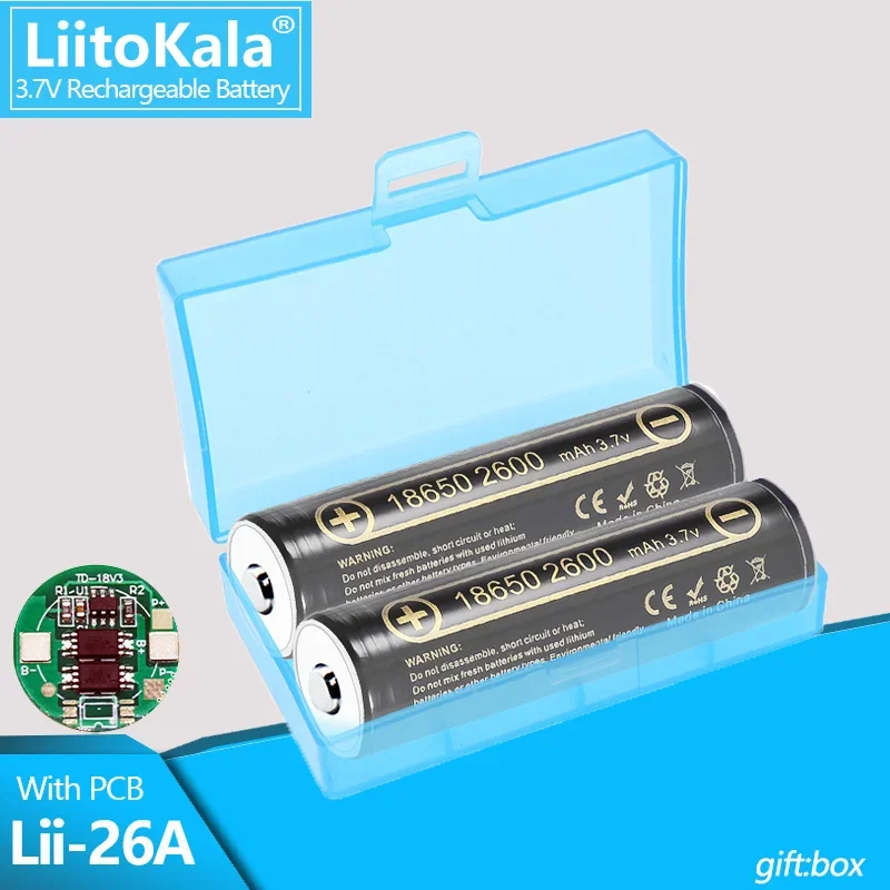 

1-16PCS LiitoKala Lii-26A with PCB 18650 2600mah battery 3.7v 2600mah 18650 Lithium Rechargeable Battery Flashlight batteries