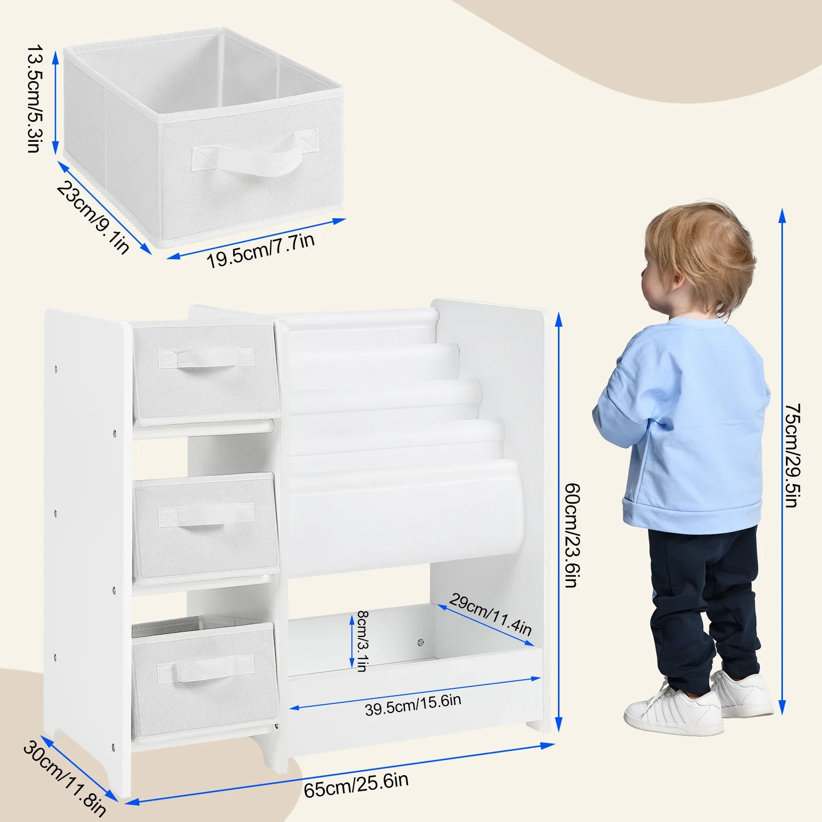 Estante branca para crianças, organizador de brinquedos, jardim de infância, 3 caixas de armazenamento, rack de estudo para quarto infantil, sala de jogos