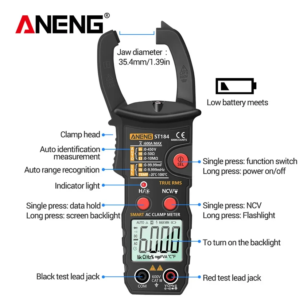 ANENG ST184 Digital Clamp Multimeter Meter 6000 Counts Professional True RMS AC/DC Voltage Current Tester Hz Capacitance Ohm