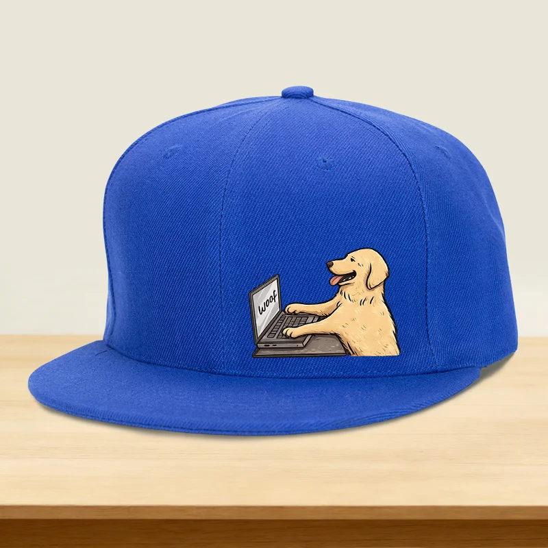 Funny Woof Dog on Computer Print Flat Brim Snapback Cap Unisex Outdoor Casual Hat for Pet Lovers