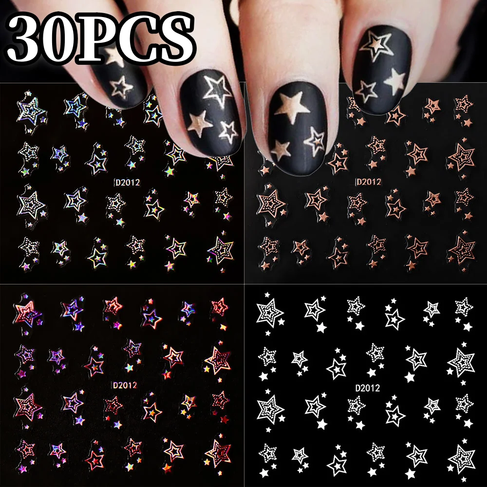 30 Uds. De pegatinas para uñas de estrella láser 3D, pegatinas adhesivas para decoración de manicura con pentagrama hueco Y2K, suministros para decoración de uñas DIY