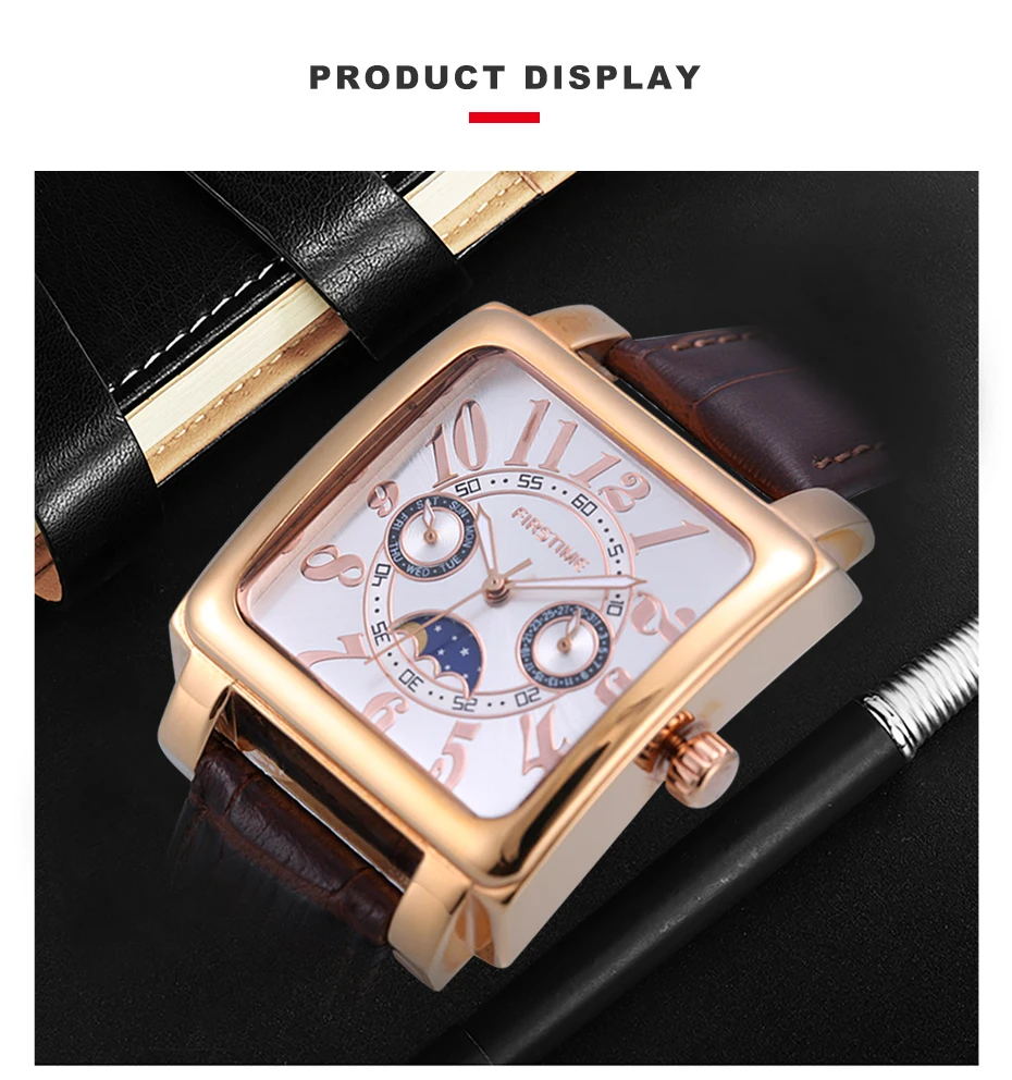 Men Quartz Square Watch Multifunction Chronograph Moon Phase Sport Luxury Waterproof Stainless Steel Buckle Wristwatches