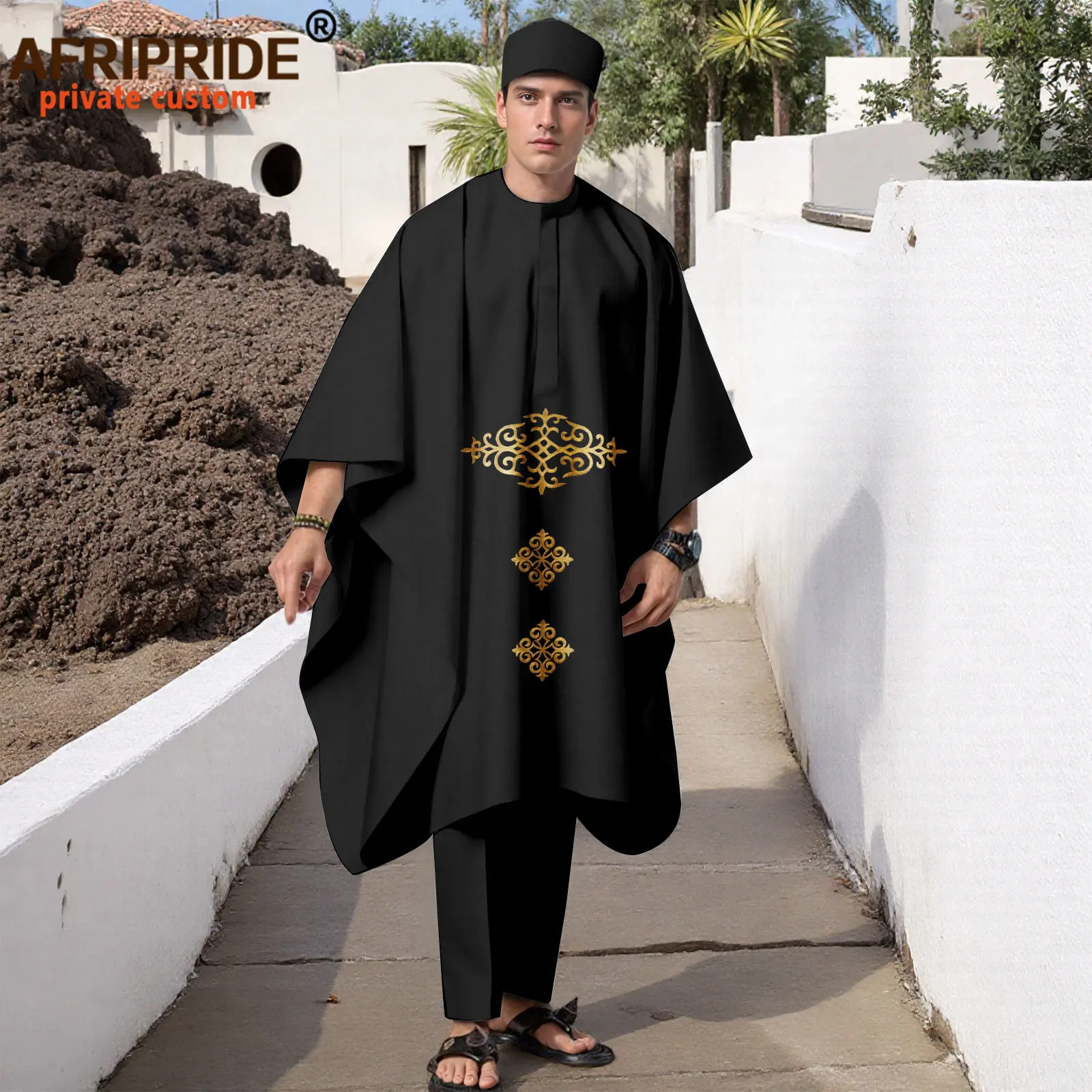African Clothes for Men Embroidery Plus Size Agbada Robes Shirts Pants and Hats 4 Piece Set for Wedding Evening 2516089