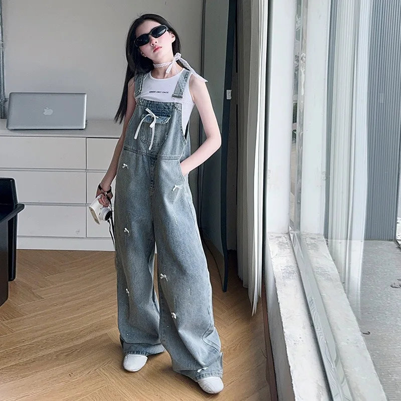 Teenager Girls Summer Suspender Denim Overalls Bow Hot Rhinestone Detail Versatile Children's Fashion Clothing for Ages 4-14Y