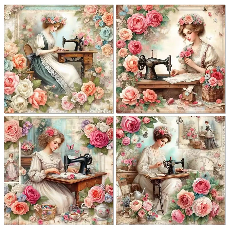 

CHENISTORY 5d DIY Diamond Embroidery Cross Stitch Women and Sewing Machines Diamond Painting Full Square Mosaic Flowers