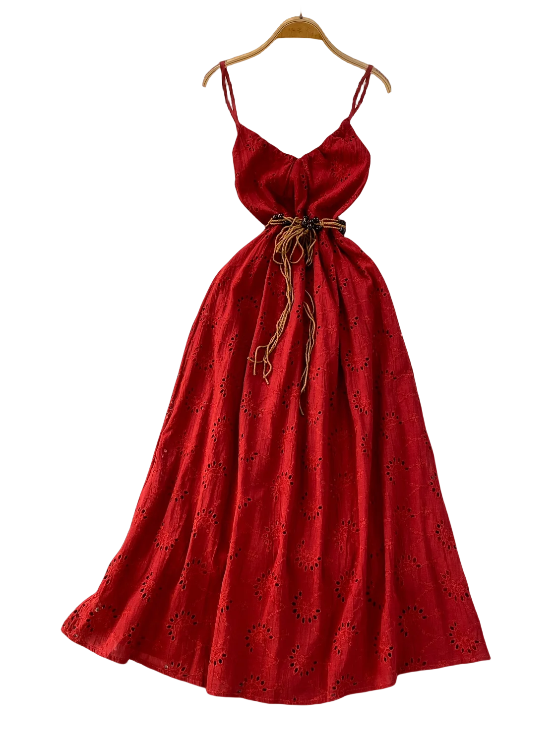 Vestido Longo F Estilo Boho para Férias, com Decote V Vazado em Flor, Alças e Cintura Marcada para Efeito Emaecedor