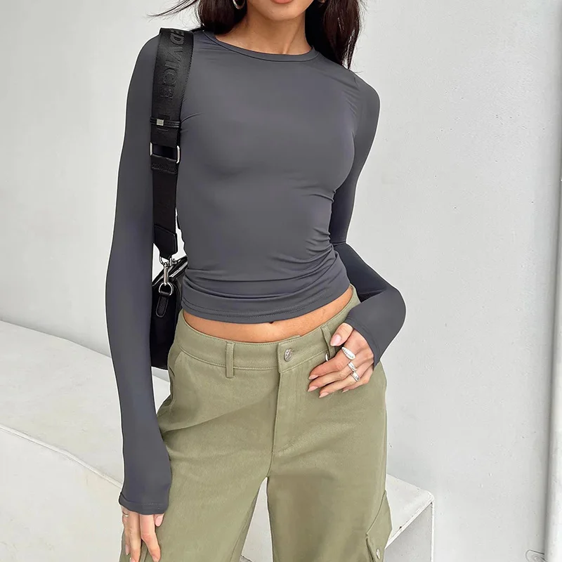 Women's Solid Color Long Sleeve Shirt Fashion 2024 Crop Top Base Layered Exercise Temperament Y2K Top Base Tops