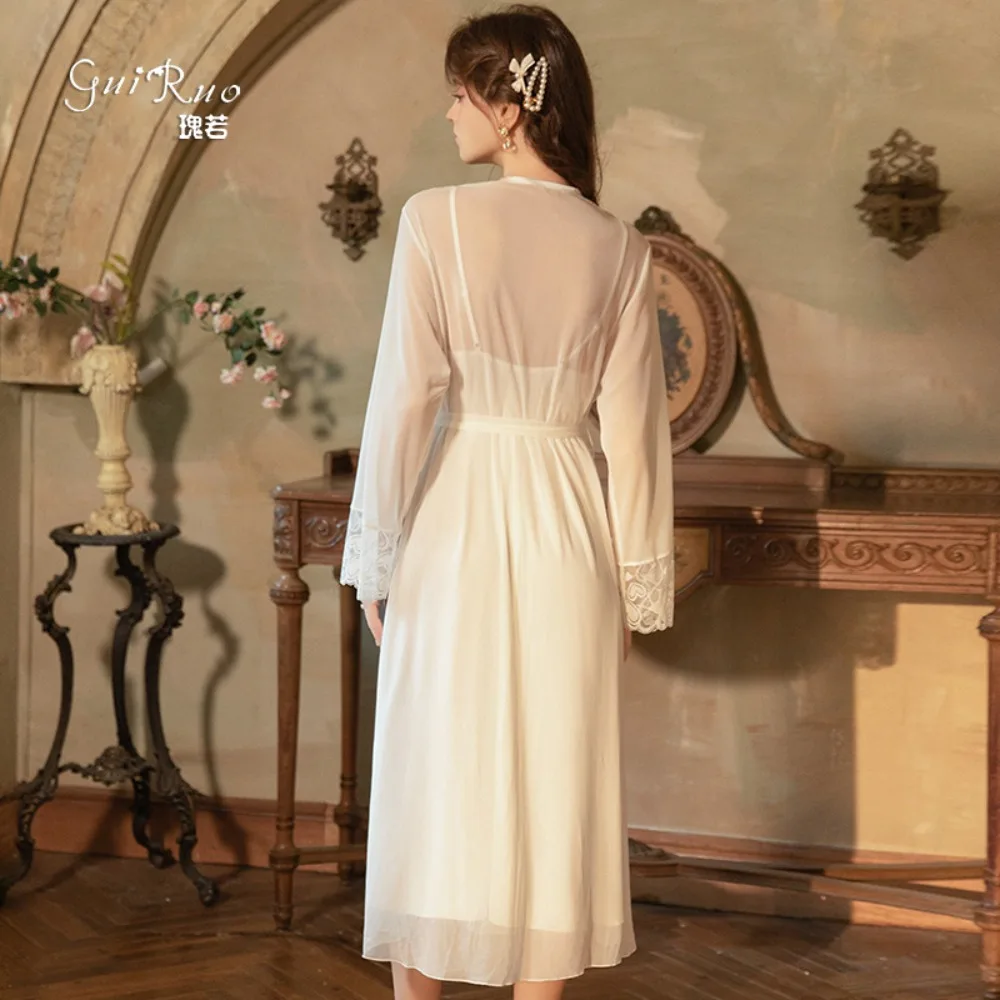 French Style Pure Silk Satin Sleepwear Set Lace Trim Sexy Open Back Nightgown Robe Skin-friendly and comfortable Women Pajamas