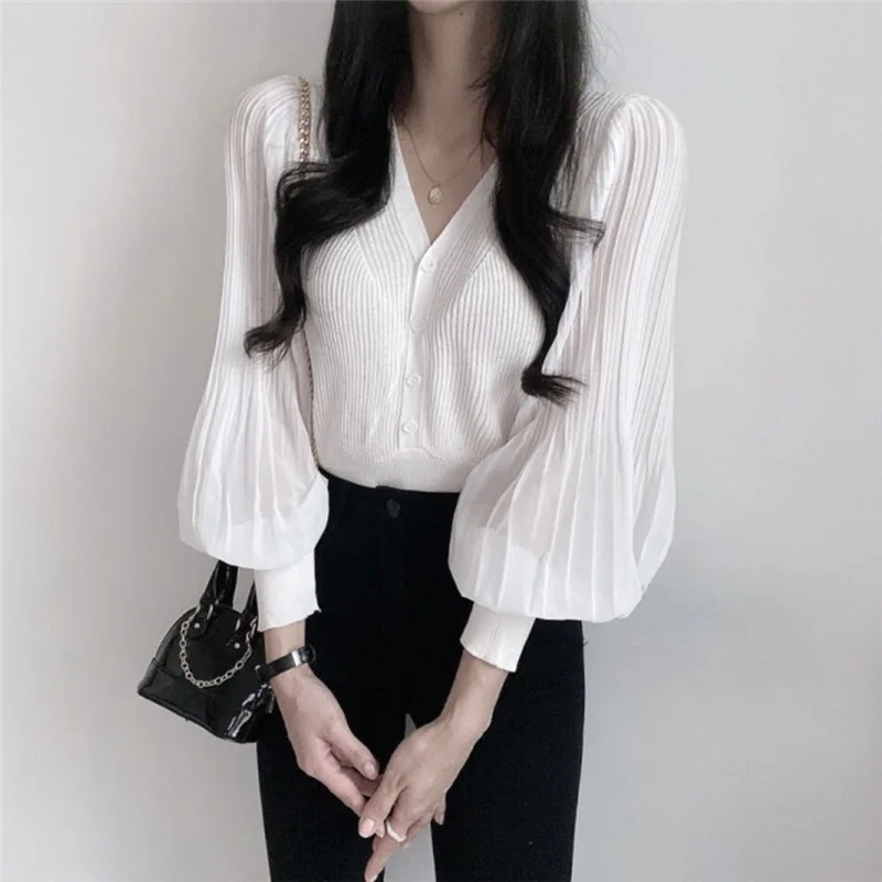 Cardigan Women V-neck Lantern Sleeve Pleated Loose Elegant Streetwear Comfortable Trendy Office Lady Leisure All-match Korean