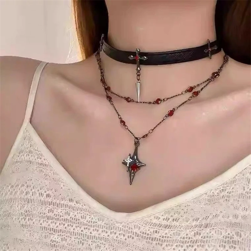 Gothic Punk Y2K Metall Dunkles Kreuz Anhänger Vintage Multi Layer Perlenkette PU Leder Halskette Für Frauen Männer 90er Jahre EMO Charm Schmuck