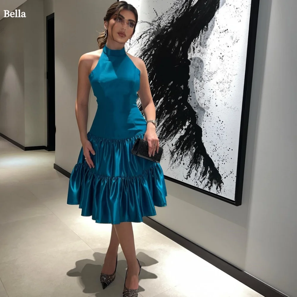 

Bella Customized Blue Halter Neck Emulation Silk robes de soirée Sleeveless Backless Party Dresses Knee-Length Prom Dress 2025