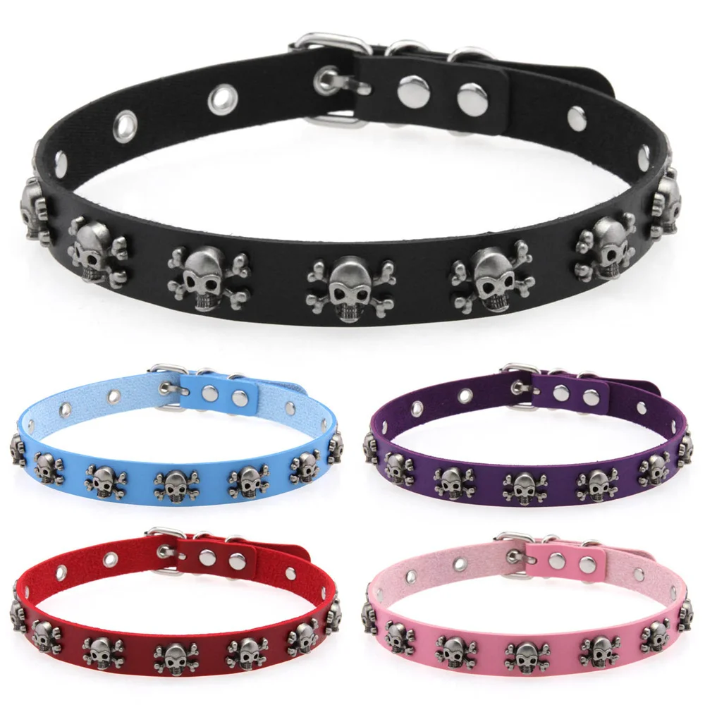 Personality Sweet Cool Style Necklace Girl Skull Necklace PU Leather Collar Collarbone Chain Punk Ghost Head Rivet Necklaces