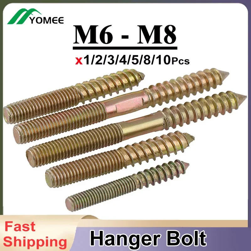 1/2/3/4/5/8/10Pcs M6 M8 Hanger Bolt Wood To Metal Dowels Double Ended Furniture Fixing Self Tapping Screws Wood Thread Stud