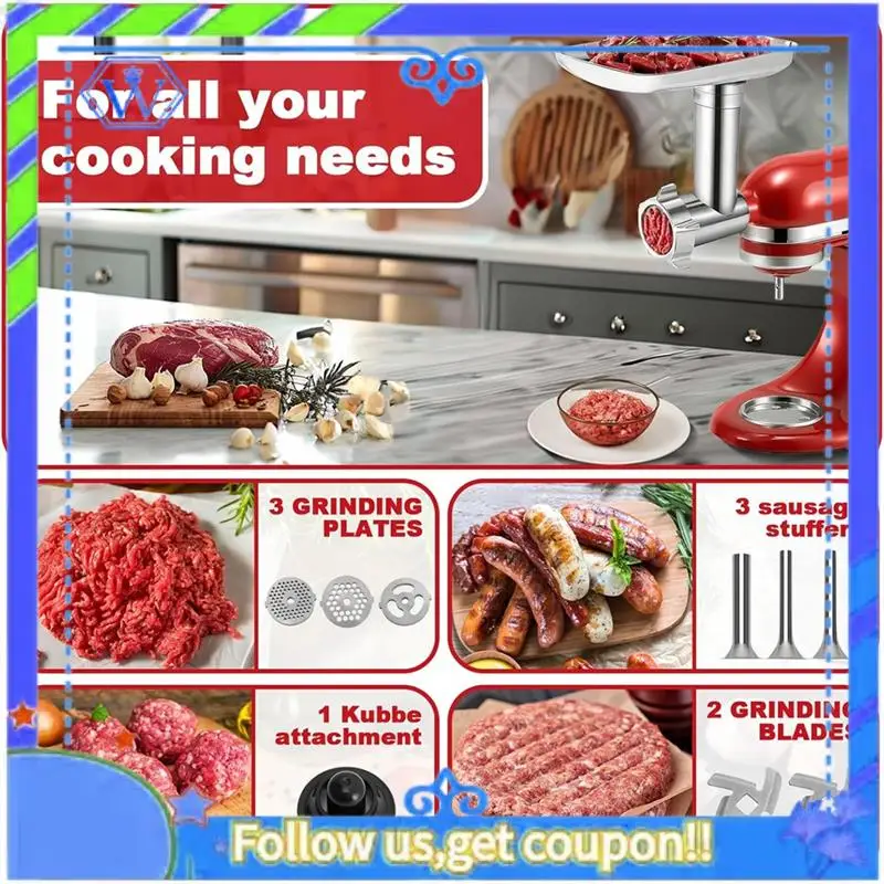 

A55P-Meat Grinder Attachment For Kitchenaid Stand Mixer Stainless Steel Meat Grinder Accessory Knife Net Blade Combination