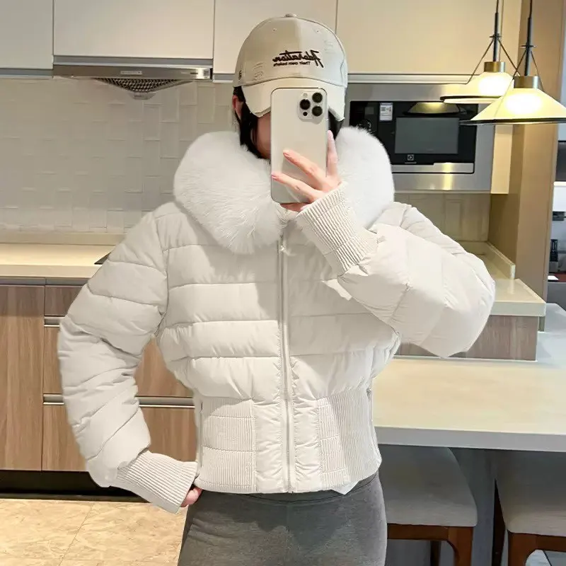 

2025 Streetwear Slim Winter Short Parkas High-waist Cotton Padded Jacket Women's Hooded Fur Collar Thick Warm Student Outwear