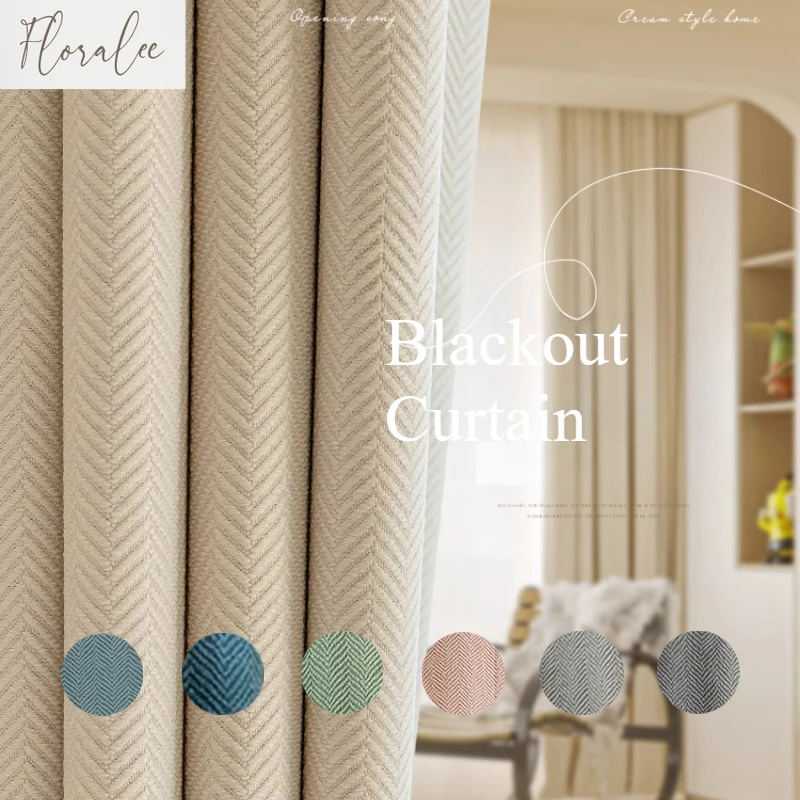 

2025 New French Cream Herringbone Blackout Curtains High-End Light Luxury Cotton Linen Curtains for Living Room Bedroom Custom