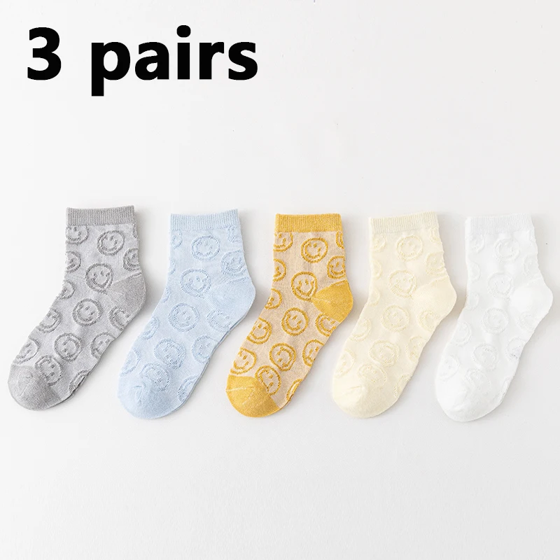 

3 pairs of solid colored cotton socks for boys/girls, breathable children's socks, seasonal smiling medium length socks