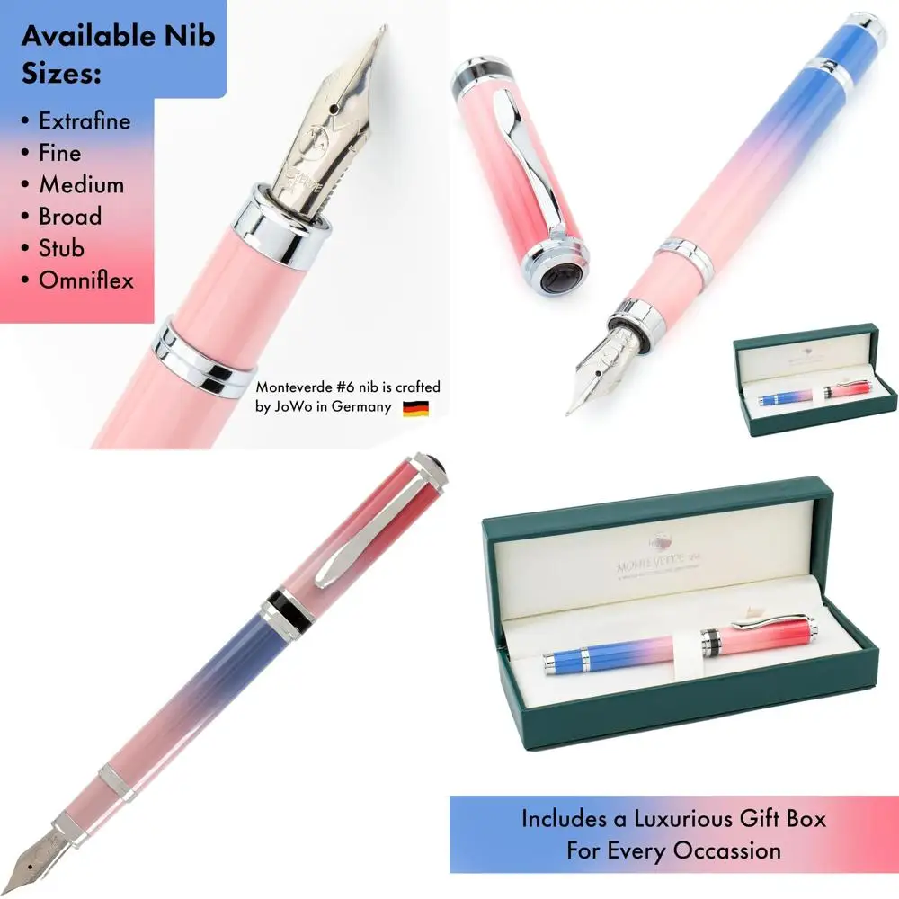 

Luxury Ombre Gradient Violet Pink Magenta Fountain Pen with Omniflex Nib, Refillable, Gift Box