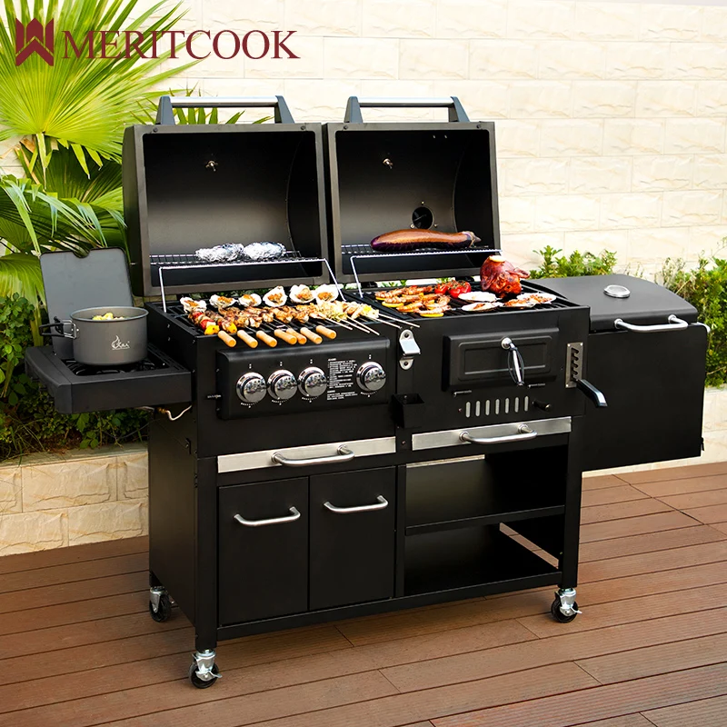 Outdoor Large Gas And Charcoal Grill Heavy Duty Trolley BBQ Smoker Smokeless Combo Commercial Barbecue BBQ Grills