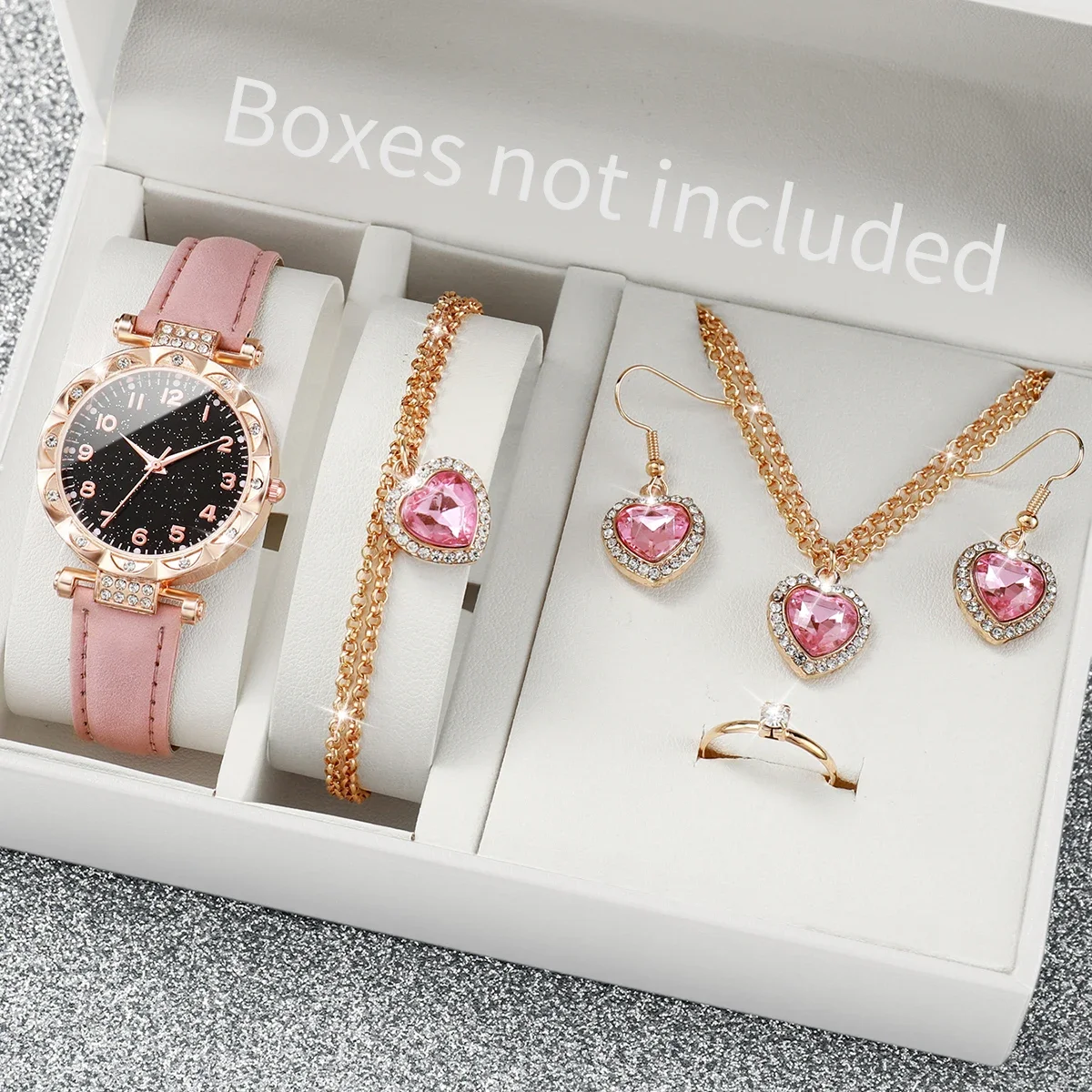 6 Pçs/set Moda Céu Estrelado Mulheres Relógios Pulseira de Couro Analógico Relógio de Quartzo Diamante Coração Conjunto de Jóias