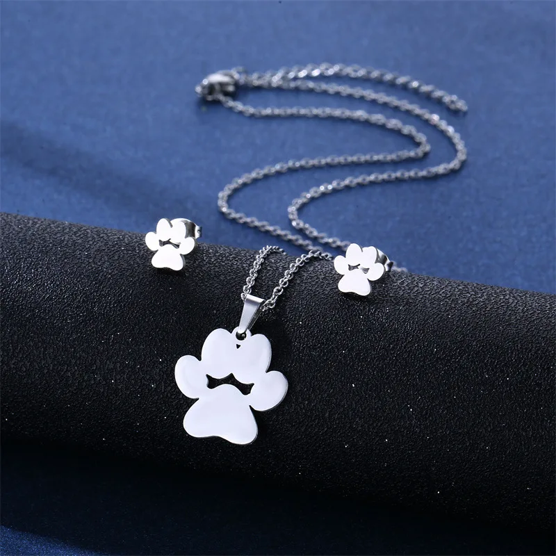 NEW Stainless Steel animal cat dog Pendant Heart earrings Necklace set women Footprint Jewelry Mother\'s Day Gifts Choker TZ95