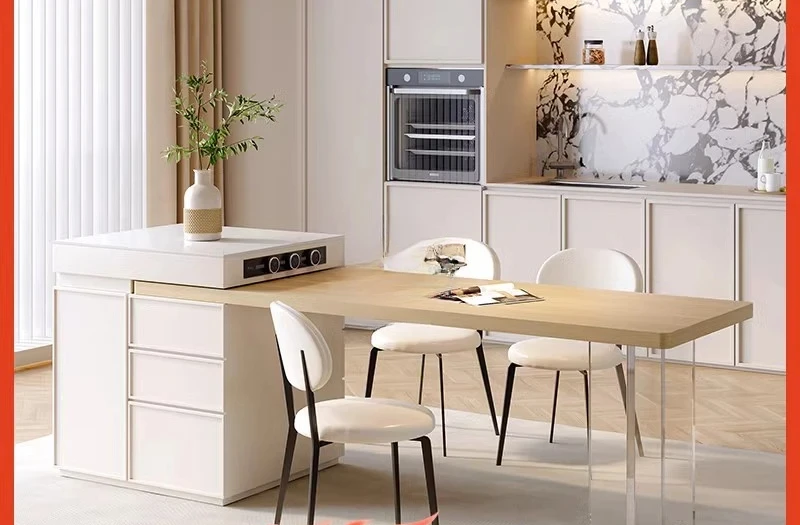 

Island table integrated retractable cream wind original wood grain rock slab suspension multi-function