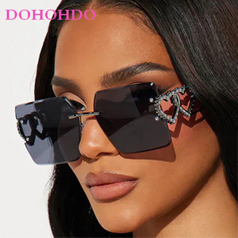 

Fashion Rimless Sunglasses Women Men Vintage Brand Designer Double Heart Metal Sun Glasses Driving Travel Shades Eyewear UV400