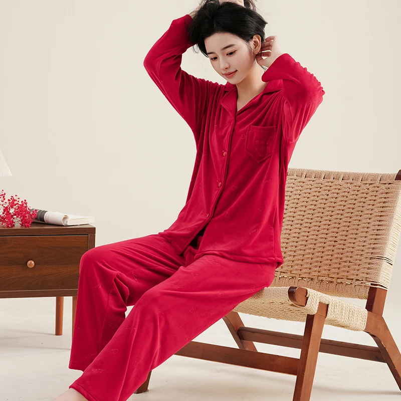 

Pajama Sets Oversized Women Terry Loose Holiday European Sister Trimmed Thermal Scoop Neck Short Sleeved Long Pants Autumn Unise