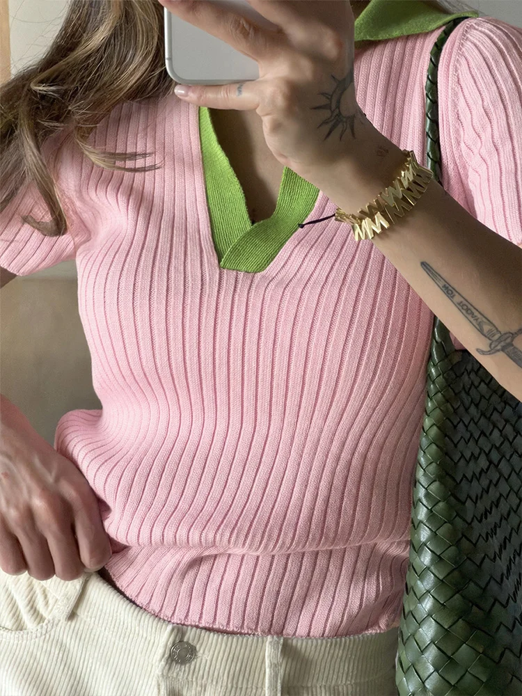 Color Blocking V Neck Short Sleeve Knitted Top For Women, Cropped Slim Fit Sexy Short T Shirt