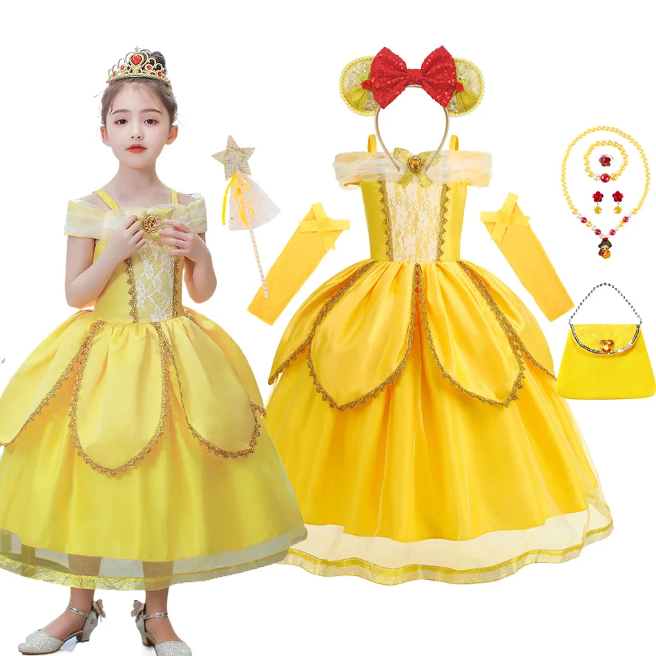 Girls Belle Princess Dress Movie Character Costume Flower Petal Skirt Lace Applique Off Shoulder Gown for Halloween Carniva