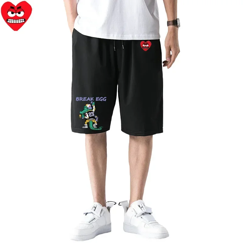 Break Egg Men Shorts Cotton Cartoon Cute Heart Embroidered Crocodile Print Drawstring Elastic Summer Semi Casual Shorts