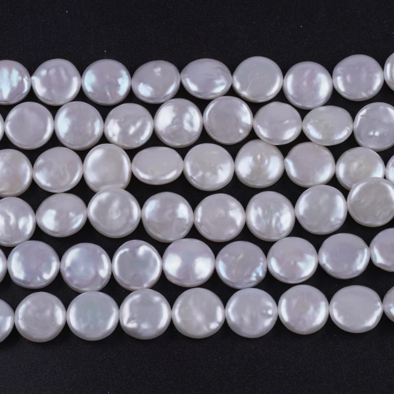 11-12mm AAA natural white real loose freshwater coin baroque pearl beads strand