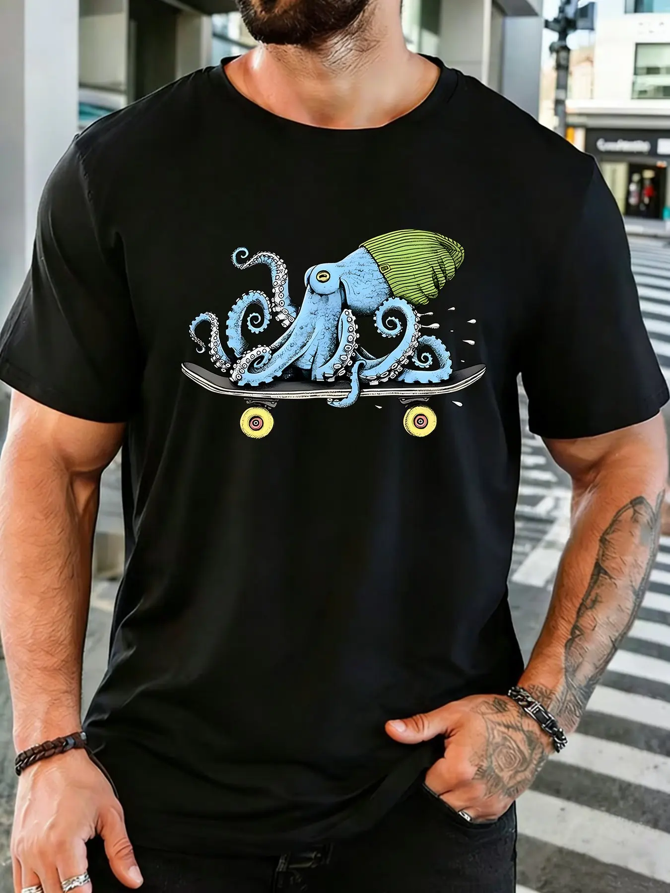 Octopus Wearing Beanie Riding Skateboard Graphic Mens Crew Neck Short Sleeve Cotton T Shirt Street Ocean Animal Male Casual Tee