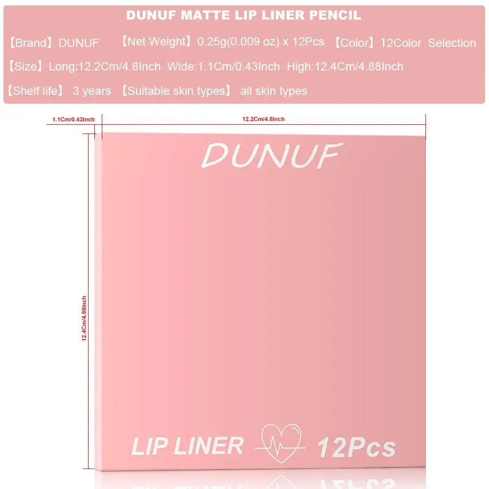 DUNUF 12 colori set di matite per labbra opache impermeabili a prova di sbavature kit per trucco rossetto vegano cruelty free a lunga durata