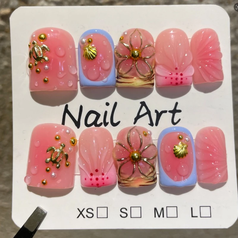 conjunto-de-10-unidades-de-unhas-posticas-francesas-curtas-artesanais-com-flores-3d-unhas-falsas-para-uso-no-verao