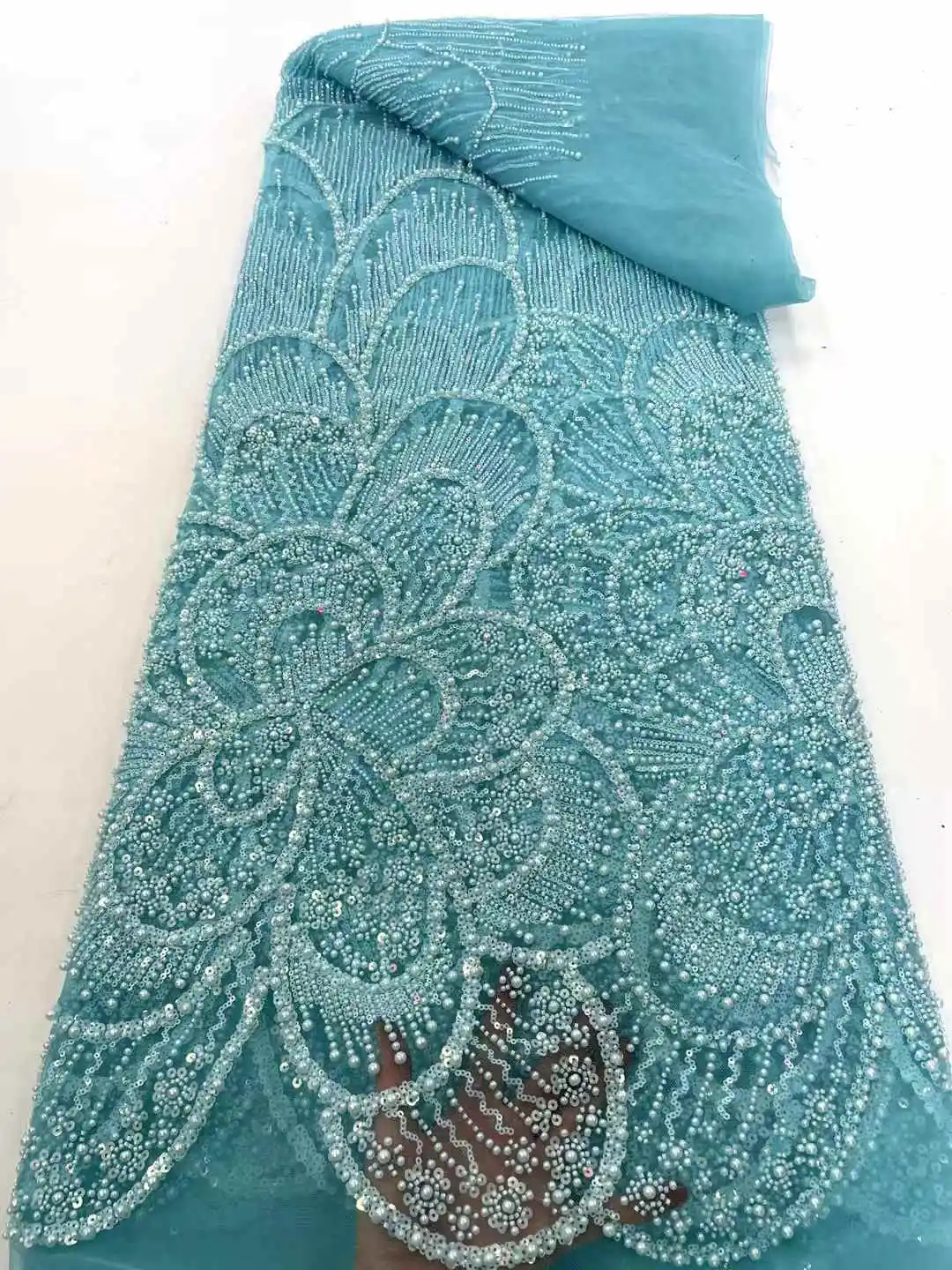French Tulle Beads Lace Fabric African Lace Fabric 2025 Pearls High Quality Nigerian Embroidery Lace Fabric For Wedding Sewing