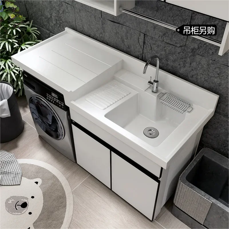 for Integrated Quartz Stone Balcony Aluminum Laundry Cabinet Corner Cutting Washboard Washing Machine Sink Combination