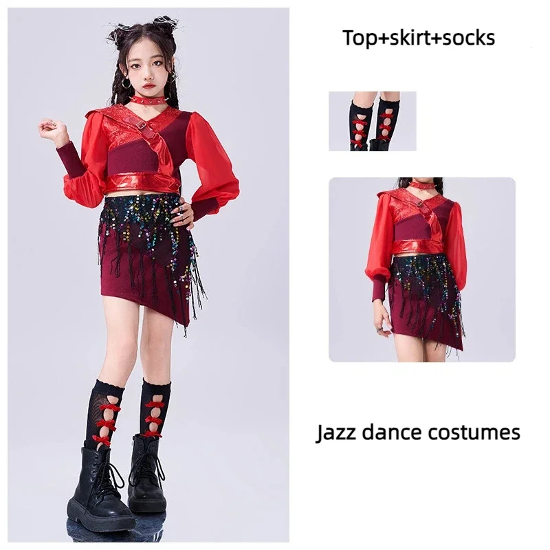 

Women's Group Jazz Dance Costume, Children's K-pop Dance, Hip-hop and Street Dance Performance Costume, Red Long Sleeved Top Set