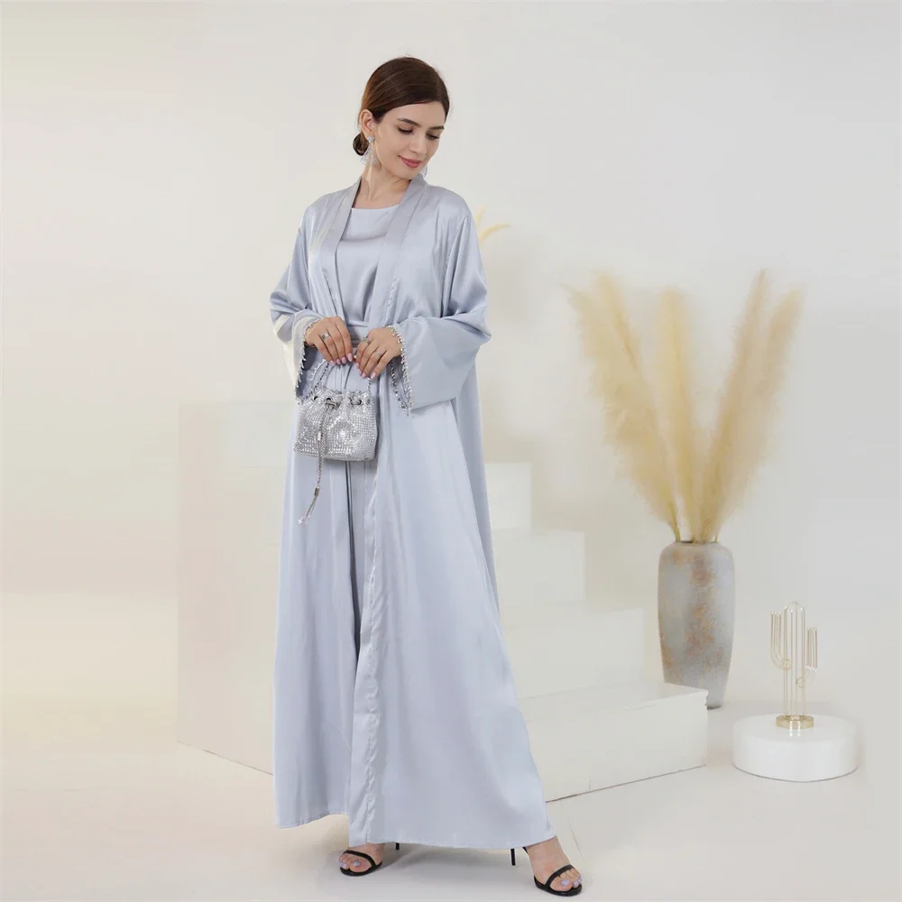 Dubai abierto Abaya mujeres musulmanas rebordear Kimono Maxi vestido conjunto 2 piezas Turquía Eid vestido de fiesta islámico Ramadán Jalabiya caftán árabe