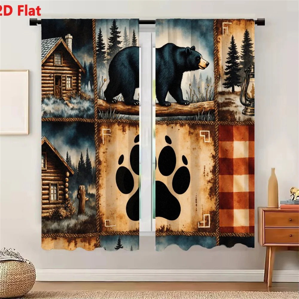 2Pcs Curtains 2D Flat Rustic Outdoor Nature Patchwork Design - Log Cabin Bear Lantern Bear Paw Print Checkered Pattern 6 Section