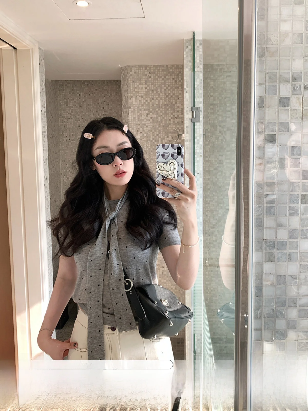 

Retro Polka Dot Bow Tie Slim Fit Wool ort Sve T-irt Women's Spring Summer College Sle round Ne Versatile Top