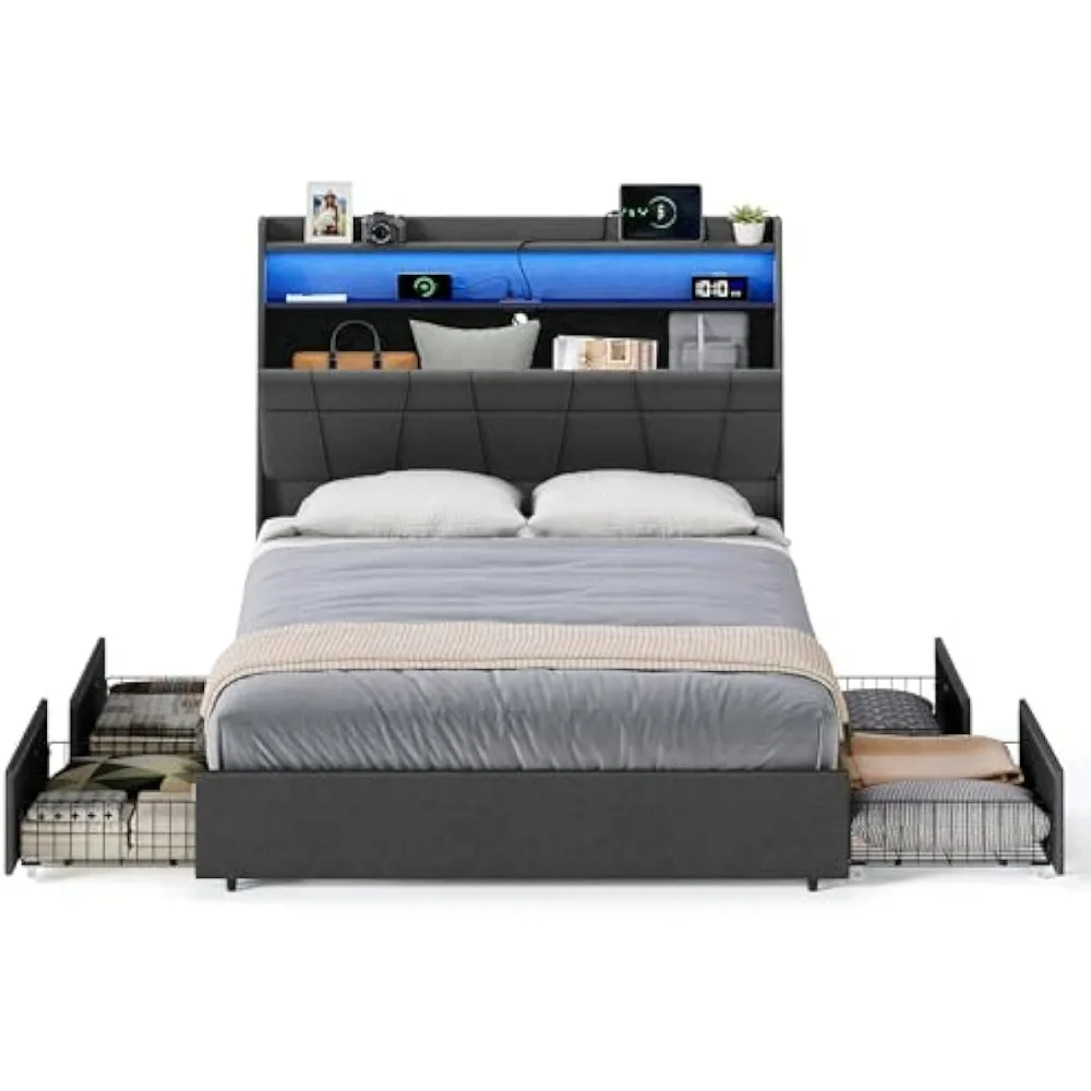 

Queen Bed Frame with 51.4-Inch, Bed Frame Queen Size, with 4 Storage Drawers on Wheels, LED Lights, Charging Station